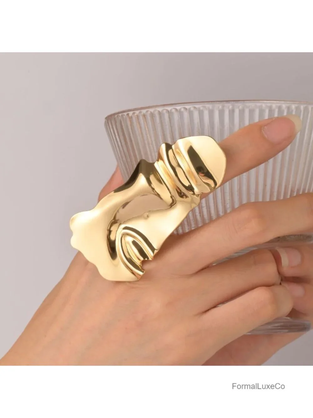 Gold Plated Adjustable Half Face Ring - Open Wrap Band, Statement Jewelry for